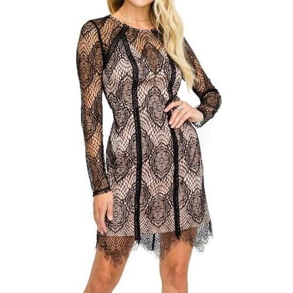 ASTR The Label Black Nude Long Sleeve Lace Illusion Bodycon Mini Dress Small NWT - Picture 1 of 7